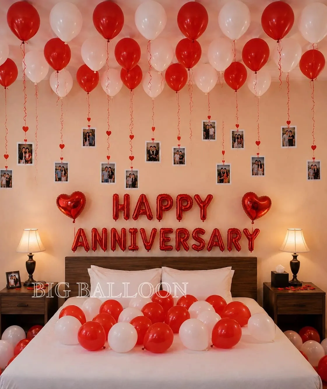 Classic Red & White Photo Wall Anniversary Theme - Premium Balloon Decoration in Delhi