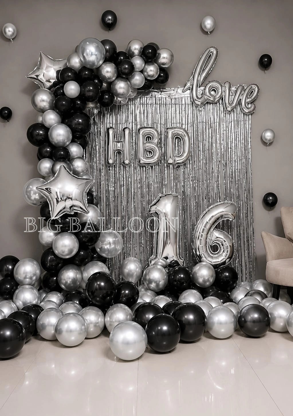 Classy Black & Silver Sweet 16 Birthday Setup - Premium Balloon Decoration in Gurugram