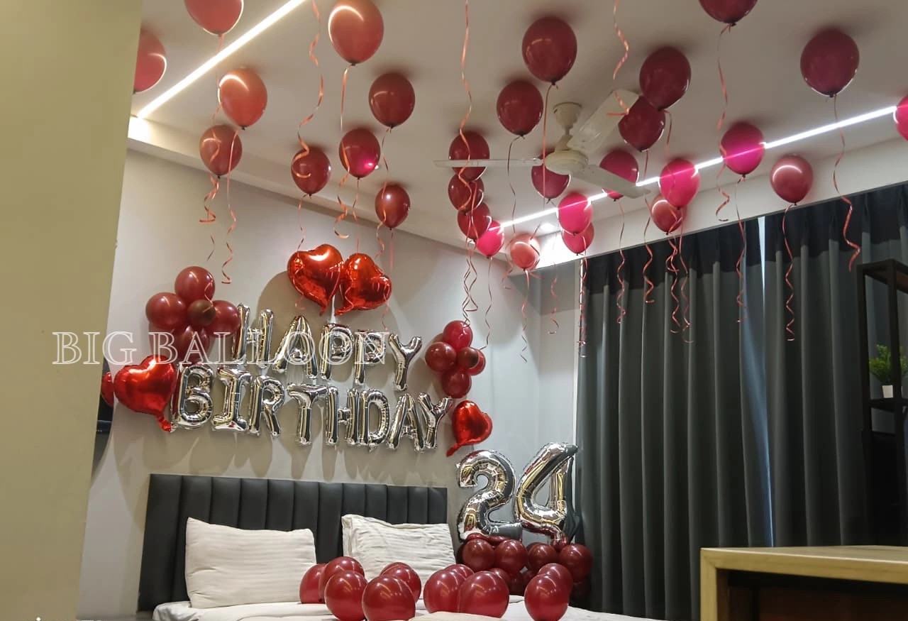 Romantic Red & Silver Bedroom Birthday Surprise - Premium Balloon Decoration in Gurugram