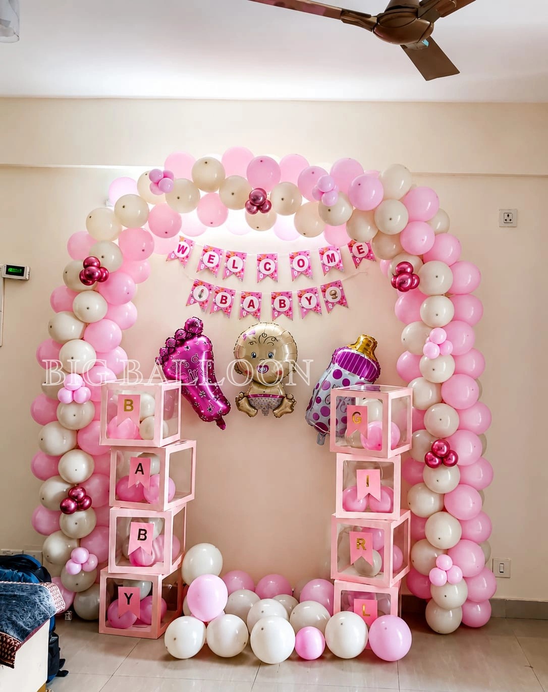Royal Pink & White Welcome Baby Girl Arch with Boxes - Premium Balloon Decoration in Gurugram